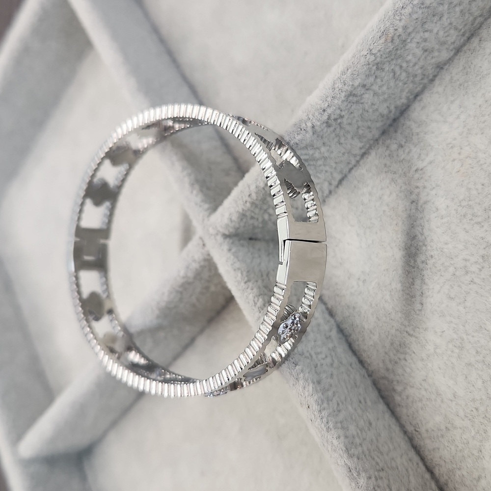 Stainless Steel Silver Tone Clover Bangle, Pearl White, Simulated Diamond - Picture 5 of 8
